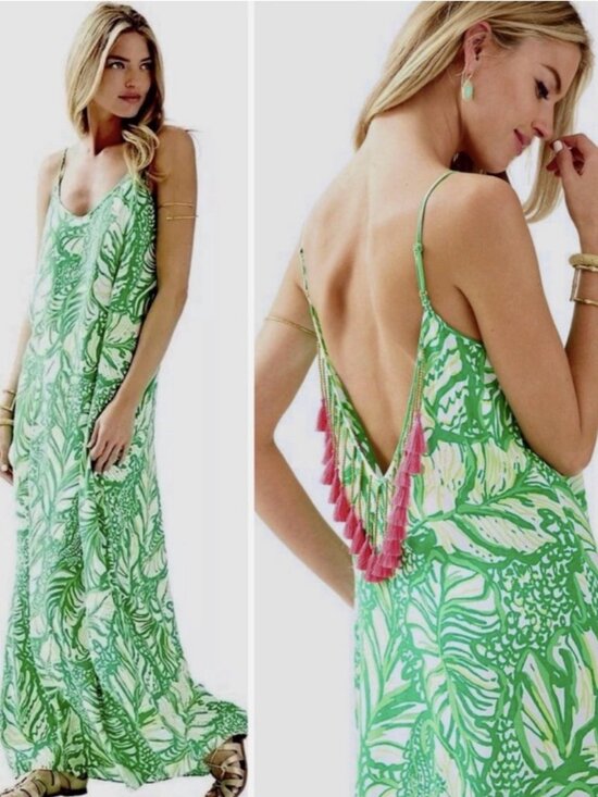 Lilly Pulitzer Dresses & Skirts - Lilly Pulitzer green tropical maxi dress M beaded pink tassel low back